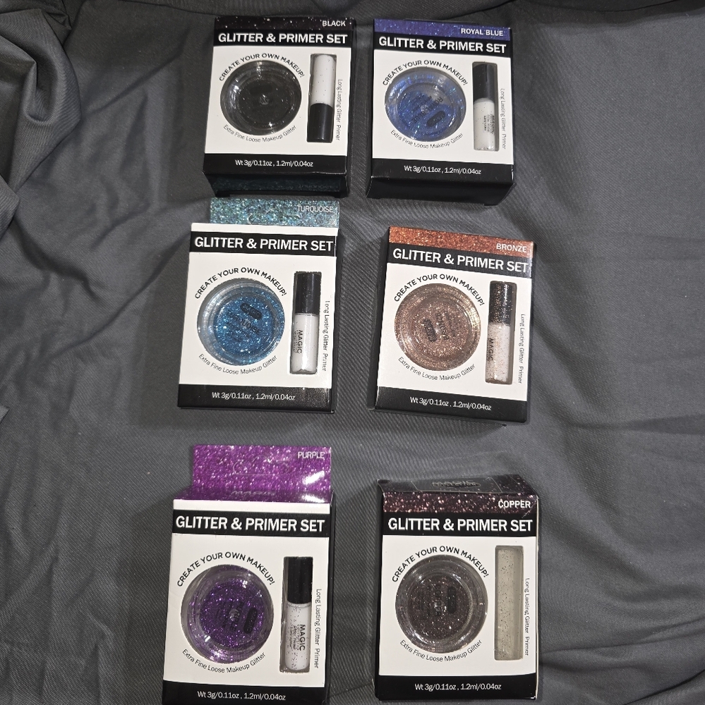 Glitter & Primer Set - Black, Royal Blue, Teal, Bronze, Purple, Copper